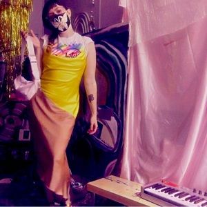 Cushnie for Target Silky Long Maxi Asymmetrical Dress Lime & Tan